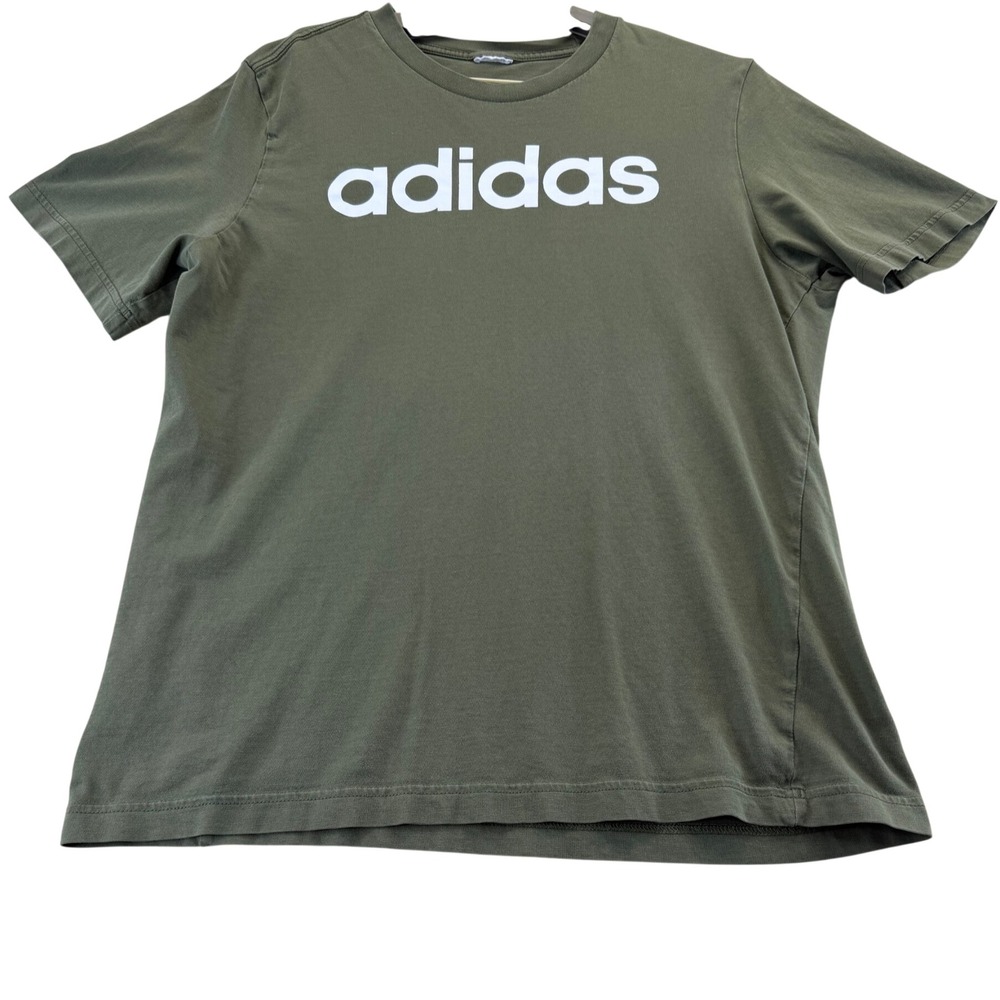 Adidas T-Shirt Mens Large Green Linear Logo Short Sleeve Athletic Crew Neck